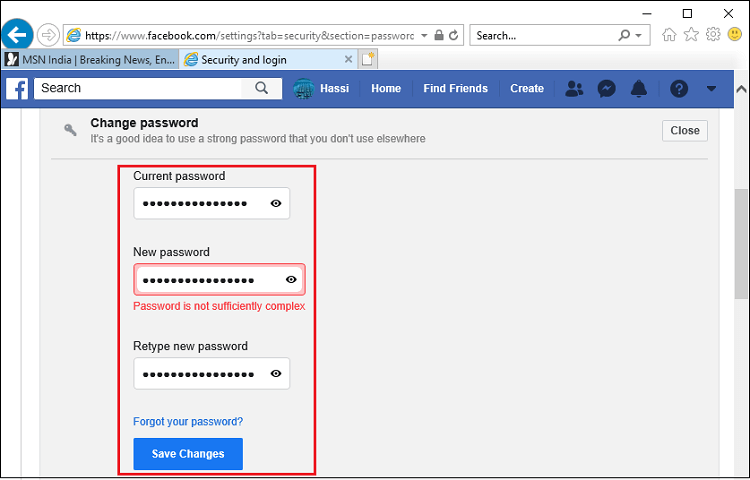 change facebook password