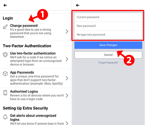 change facebook password