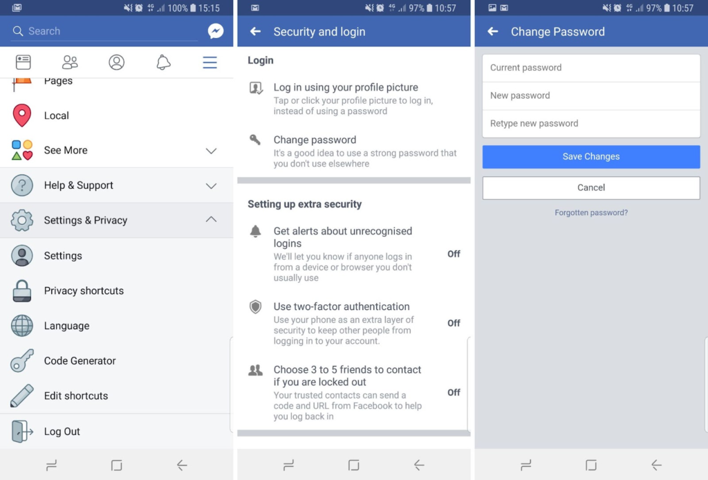 change facebook password